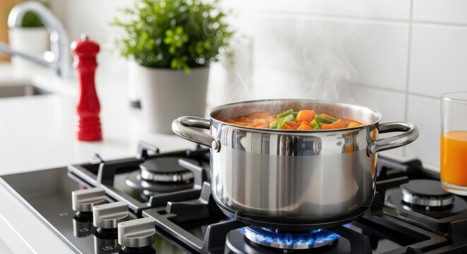 Culinary Creation: A stainless steel pot simmers gently on a modern gas stove, steam curling upward, filled with a vibrant medley of vegetables, promising a delicious homemade meal.