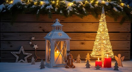 Cozy christmas lantern, glowing tree, festive candles, winter