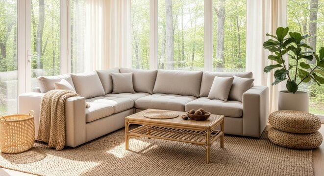 Cozy Corner: An inviting living space bathed in natural light, centered around a comfortable sectional sofa and tasteful decor, fostering relaxation and serenity.