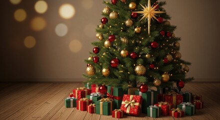 Christmas tree, gifts, sparkling ornaments, warm bokeh ambiance