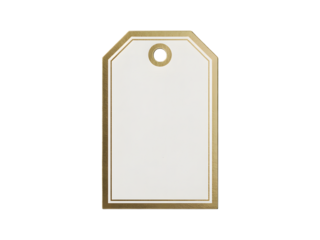 Elegant blank white gift tag with a sophisticated gold border and a top hole, isolated on black. Ideal for gift wrapping, personalized holiday greetings, branding labels, or customizable pricing. P