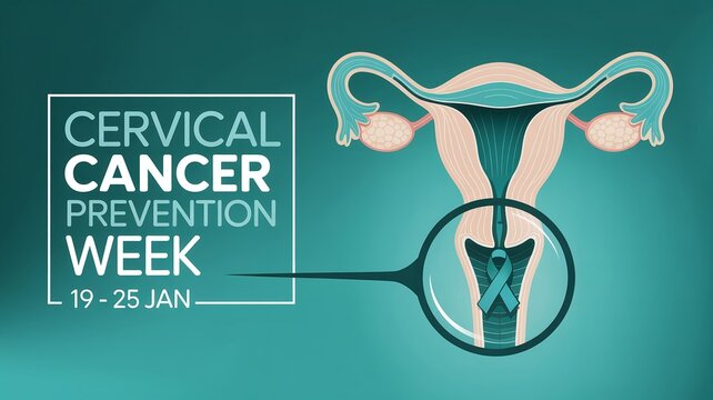 Cervical Cancer Prevention Week 19-25 january Graphic with Detailed Uterus Organ Illustration and Magnified Awareness Ribbon for Medical Campaigns - Powered by Adobe