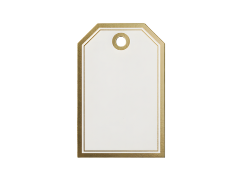 Elegant blank white gift tag with a sophisticated gold border and a top hole, isolated on black. Ideal for gift wrapping, personalized holiday greetings, branding labels, or customizable pricing. P