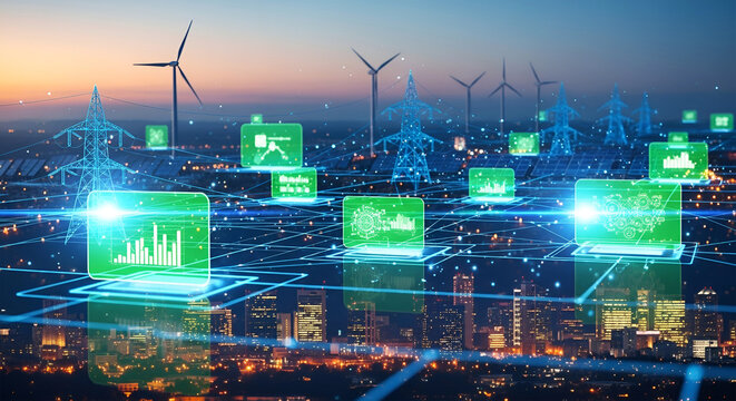 Digital energy grid with wind turbines solar panels and city skyline at dusk technology network