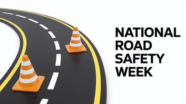 National Road Safety Week 3D Graphic Design with Winding Highway Road and Two Traffic Cones Isolated on White Background Illustration