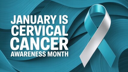 January is Cervical Cancer Awareness Month Vector Graphic Design with Teal and White Ribbon Symbol and Abstract Wavy Background Texture