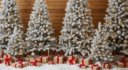 Decorated flocked christmas trees, gifts, winter holiday scene.