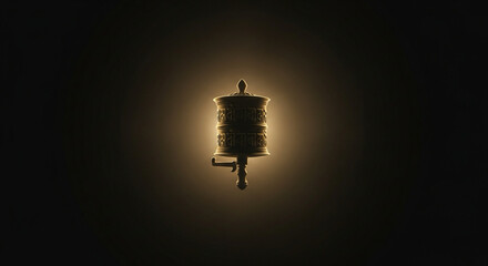 Buddhist prayer wheel silhouette with soft golden glow, minimal and symbolic
