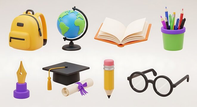A back to school set of stationery and books near a globe, representing the concept of global education and knowledge