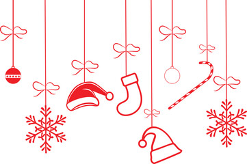 Festive Christmas Vector with Hanging Snowflakes, Candy Canes, Santa Cap, Ornaments, and Socks