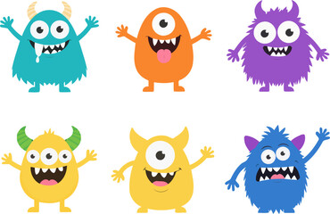 Cute cartoon monsters set with funny faces and silly expressions for kids design