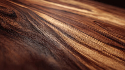 Close-up of a beautiful, polished wooden surface showcasing rich, intricate dark and light brown natural grain patterns and textures.