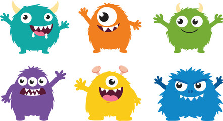 Six adorable fuzzy monsters with playful expressions and bright colors