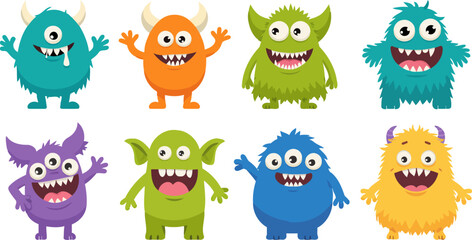 Cute cartoon monsters set happy playful characters isolated on white background