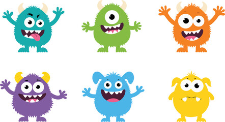 Cute cartoon monsters set with funny expressions and big eyes