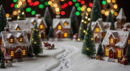 Festive miniature christmas village, snowy homes, trees, warm bokeh.