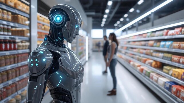 Robot Assisting Customer in Supermarket - Powered by Adobe