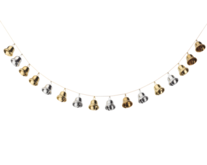 Festive Christmas jingle bells garland with shiny gold and silver metallic ornaments strung on a delicate white string. Perfect holiday decoration for winter season celebrations and Xmas designs. I