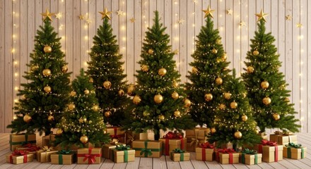 Festive christmas trees adorned with golden ornaments and gifts