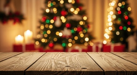 Empty rustic wooden table with blurry festive christmas lights