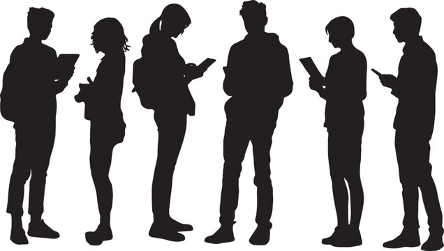 Black Solid Students Tablet Study Silhouettes Set of Six on Whit