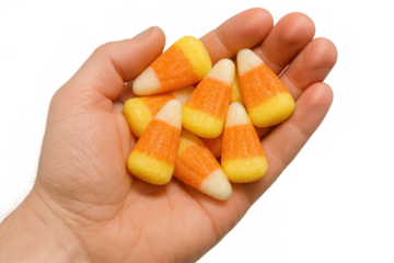 Hand holding a pile of candy corn for halloween, offering sweet treats and celebrating the autumn holiday