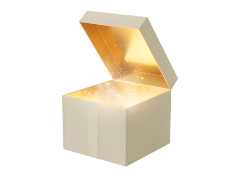 Elegant open gift box revealing magical golden light and sparkling particles on a black background. Perfect for luxury surprises, holiday promotions, special celebrations, and enchanting product re