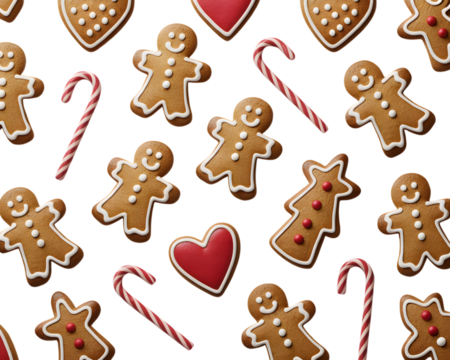 Festive Christmas gingerbread cookies and candy canes seamless pattern on black. Delicious holiday gingerbread man, heart, and tree biscuits for joyful seasonal designs & backgrounds.