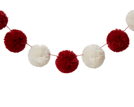 Festive red and white pom-pom garland on black background. Perfect for Christmas, holiday decorations, party banners, or cozy winter themes. Cheerful and fluffy textile design element.