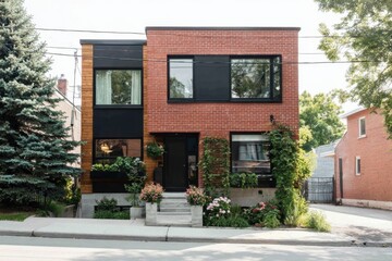 Obraz premium A contemporary brick home featuring elegant wooden accents is nestled in an urban environment, beautifully surrounded by a vibrant garden on a sunny afternoon