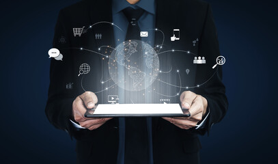 Visualization of global digital communication and online across multiple platforms, including global network, digital network, communication network, and online network. Vouch