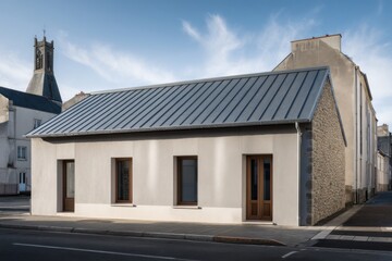 Obraz premium Modern architectural design of a renewed house in a quiet street, showcasing a blend of old and new styles with a silver roof and stone wall accents, captured during daylight