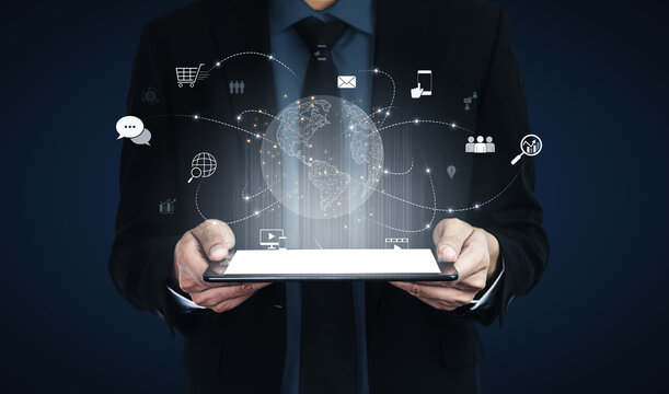 Visualization of global digital communication and online across multiple platforms, including global network, digital network, communication network, and online network. Vouch - Powered by Adobe