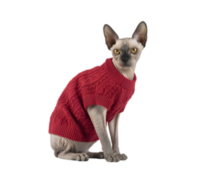 Adorable Sphynx cat wearing a cozy red cable knit sweater, isolated on a black background. Perfect for pet, winter, or holiday-themed designs. Unique and charming animal portrait.