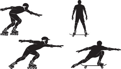 Silhouette of people roller skating and skateboarding in black vector style