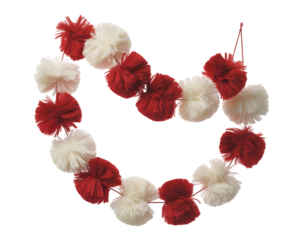 Festive red and white yarn pom-pom garland for holiday decorations. Soft fluffy handmade craft string for Christmas, celebrations, or party decor against a black background.