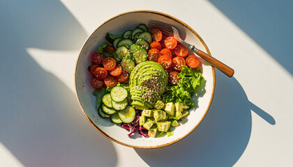 Fresh green vegetables in a bowl with tomato and lettuce for a healthy vegetarian salad meal