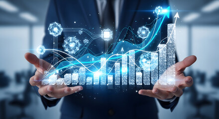 Businessman holding a digital graph representing business growth and technological advancements.