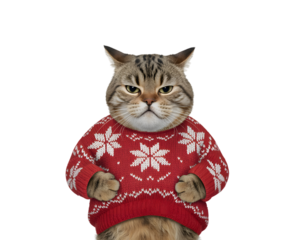 Grumpy tabby cat wearing a festive red Christmas sweater with white snowflakes, perfect for funny holiday greetings, winter designs, and seasonal promotions. Cute pet animal on black.