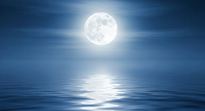 Vesak moon glowing above calm water, serene blue and silver palette