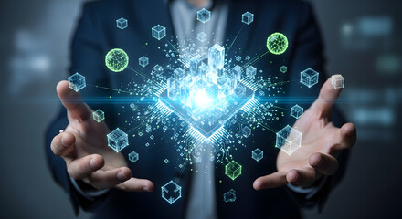 Businessman holding a glowing holographic CPU representing technological innovation and the future of computing.