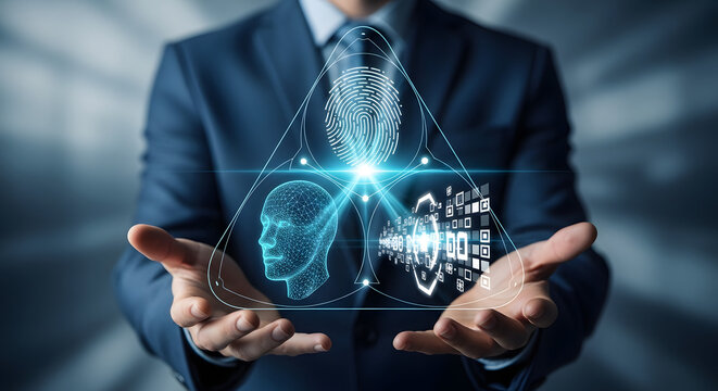 Businessman holding a glowing digital representation of a human head, fingerprint, and data stream, symbolizing technology and innovation.