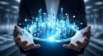 A person's hands holding a glowing, futuristic cityscape, representing technology and innovation.