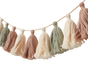 Elegant festive tassel garland banner featuring muted, cozy cream, sage green, and dusty rose hues. Perfect for modern Christmas decor, home styling, or holiday celebrations.