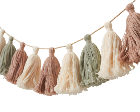 Elegant festive tassel garland banner featuring muted, cozy cream, sage green, and dusty rose hues. Perfect for modern Christmas decor, home styling, or holiday celebrations.
