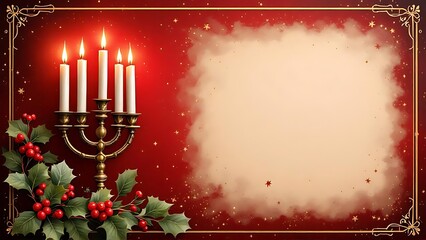 Festive Menorah with Holly and Berries on a Red, Sparkling Background for Holiday Celebrations and Decorations