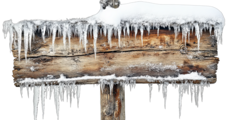 Frozen wooden signboard covered with icicles in winter scenery