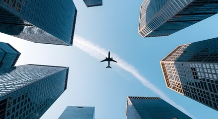 Airplane flying over modern city skyscrapers against a clear blue sky