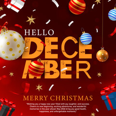 Hello december and merry christmas greeting card with 3d ornaments , Realistic christmas balls and gifts background for holiday season , Happy new year 2026 and winter celebration square banner design © Dream Graphics