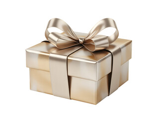 Obraz premium Elegant golden gift box with a shimmering ribbon and bow, isolated on black. Perfect for luxury celebrations, holidays, Christmas, birthdays, and special occasions.